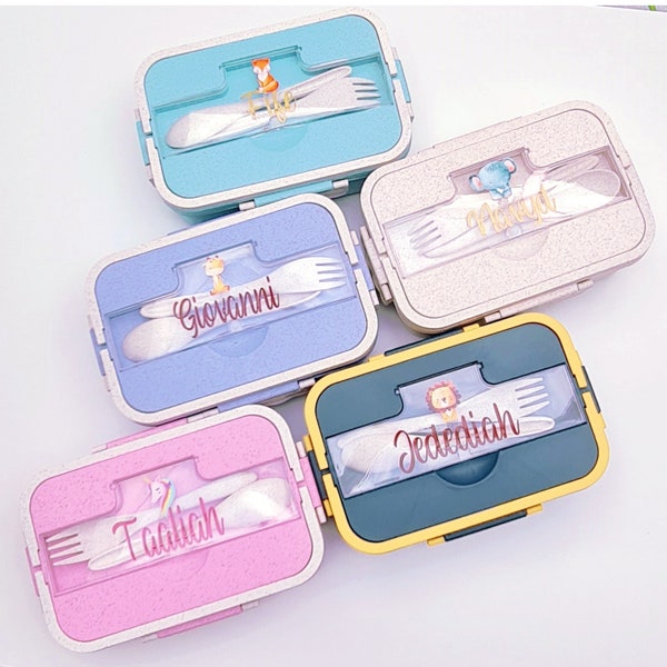 Personalised Kids Lunch Box, Kids Lunch Bag, Character Lunch Box for Boys, Girls, Custom Name Bento Box, Reusable Snack Box with Spoon, Fork