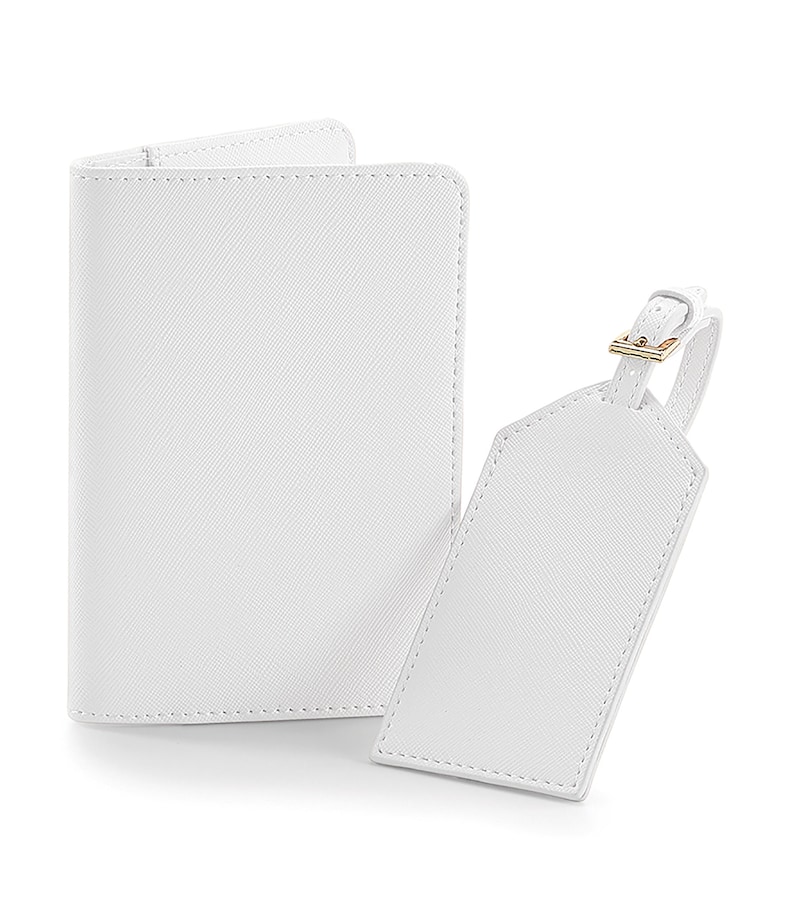 Monogram Passport Cover and Luggage Tag, Personalised Passport Holder and Luggage Tag Set, Gift for Bride and Groom, Honeymoon Gift White