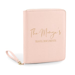 Pale Pink Premium Passport Travel Document Holder Personalised Travel Wallet for Travel Money, Tech Organiser Couples Travel Passport Case Custom Gift