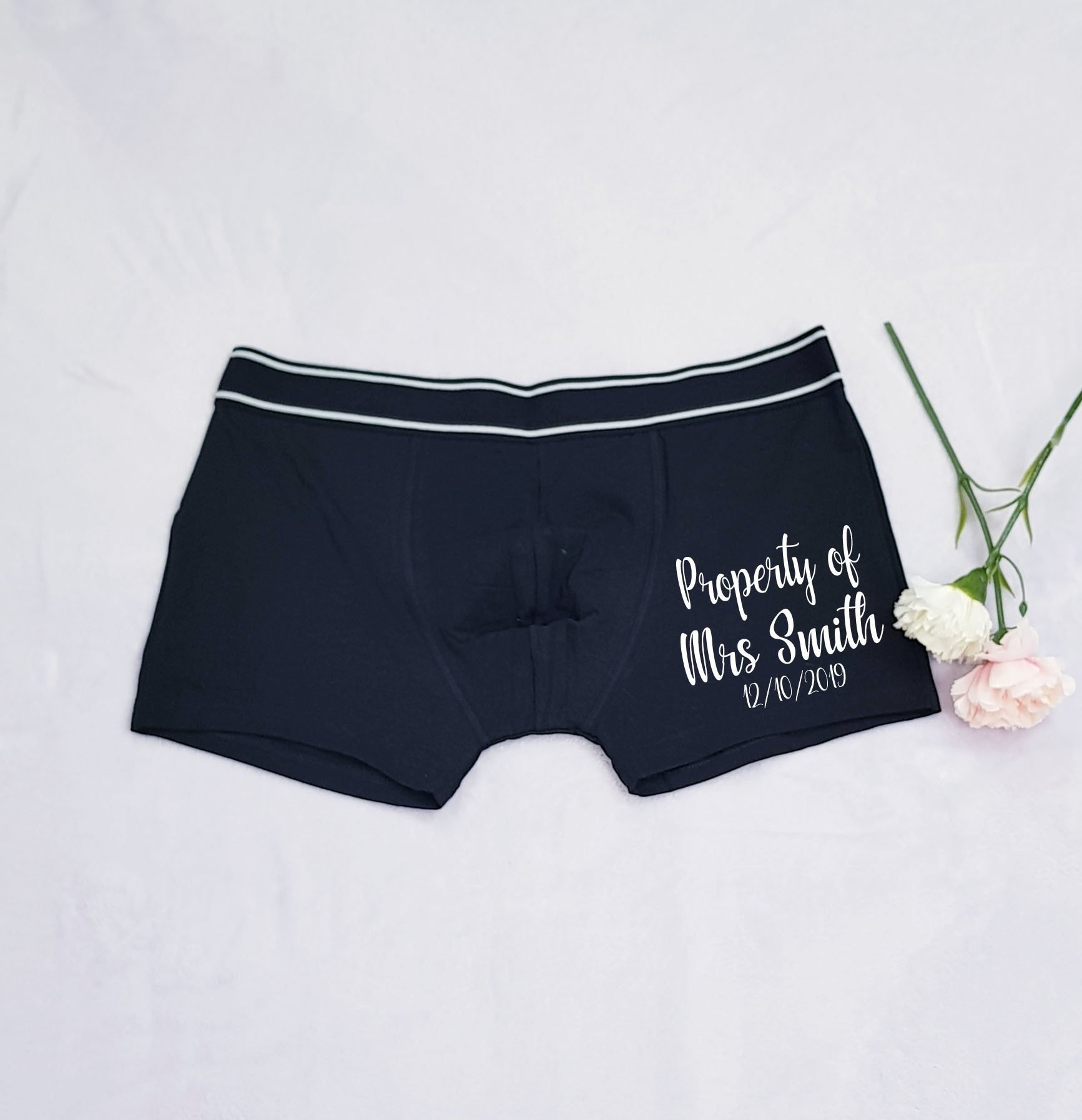 Image of Personalised Groom Wedding Boxers, Boxers With Date, Gift For From Bride, Property Of Mrs Boxer Shorts