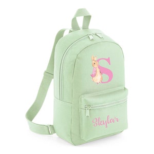 Personalised Olive Kids Backpack with Peter Rabbit Design customised with name. This Back to School Backpack is perfect for Toddlers