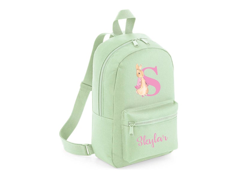 Personalised Olive Kids Backpack with Peter Rabbit Design customised with name. This Back to School Backpack is perfect for Toddlers