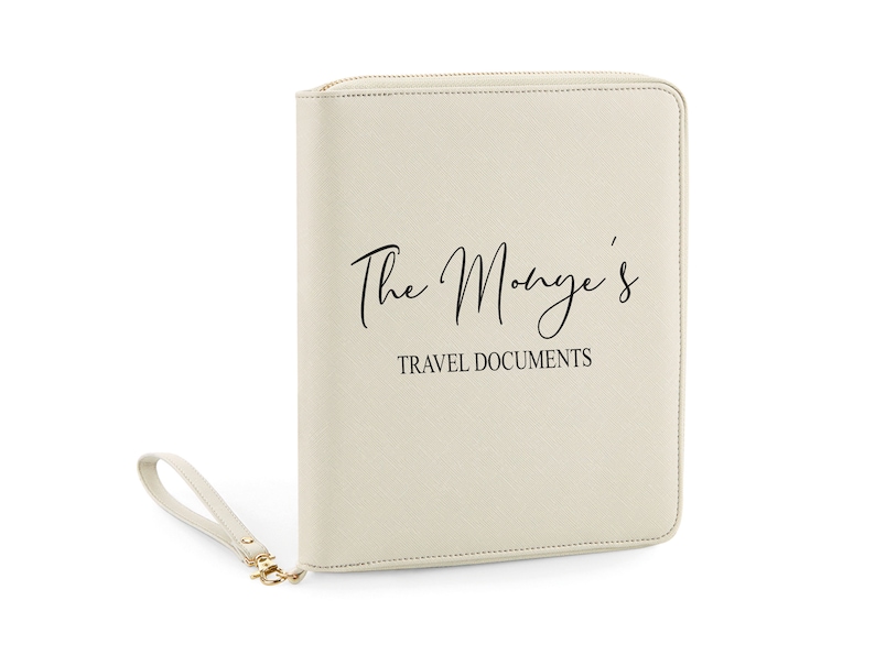 Premium Passport Travel Document Holder in Oyster colour. Personalised Travel Wallet for Travel Money, Tech Organiser Couples Travel Passport Case Custom Gift