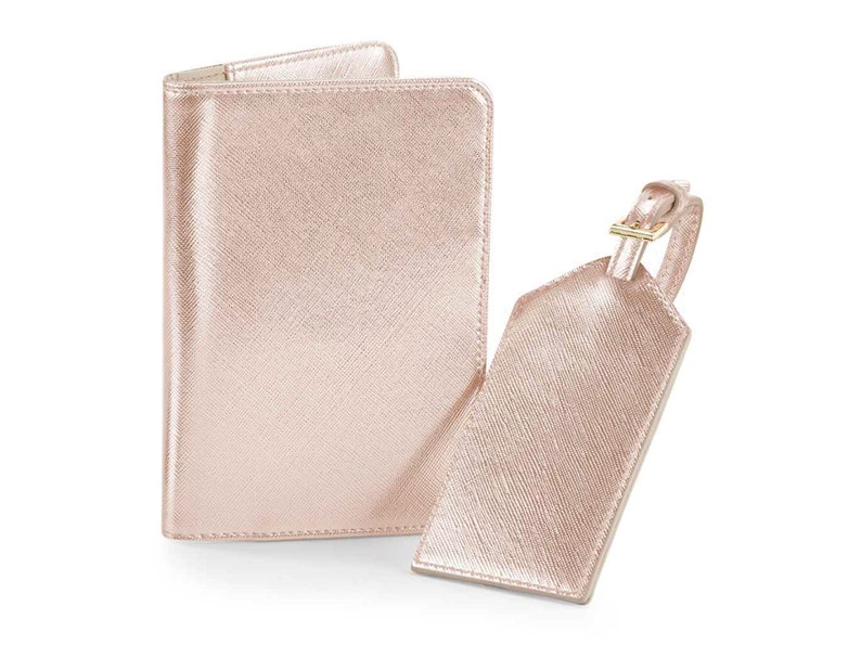 Monogram Passport Cover and Luggage Tag, Personalised Passport Holder and Luggage Tag Set, Gift for Bride and Groom, Honeymoon Gift Rose Gold