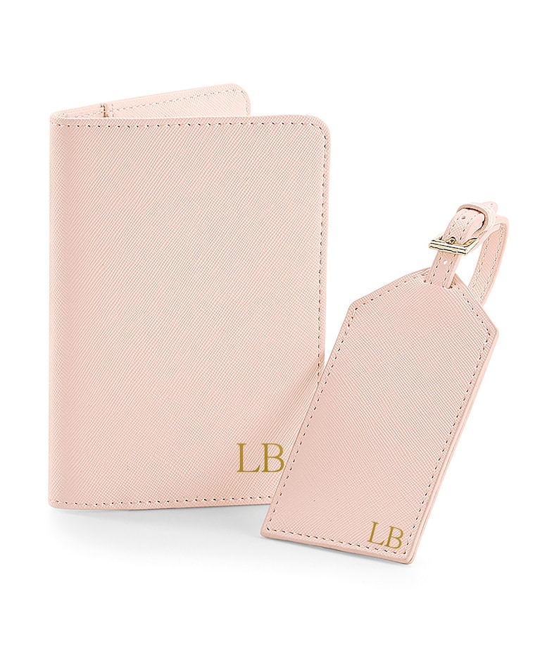 Monogram Passport Cover and Luggage Tag, Personalised Passport Holder and Luggage Tag Set, Gift for Bride and Groom, Honeymoon Gift Pink