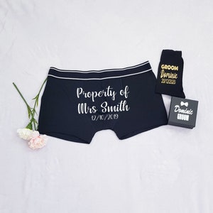 Personalised Groom Boxers, Personalised Wedding Boxers and Socks, Wedding Gift for Groom from Bride, Property of Mrs Boxer Shorts and Sock image 1