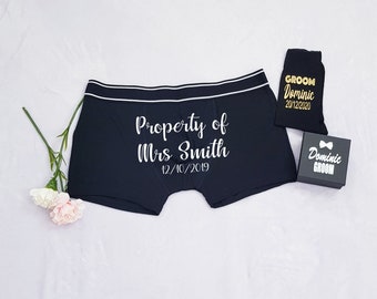 Personalised Groom Boxers, Personalised Wedding Boxers and Socks, Wedding Gift for Groom from Bride, Property of Mrs Boxer Shorts and Sock