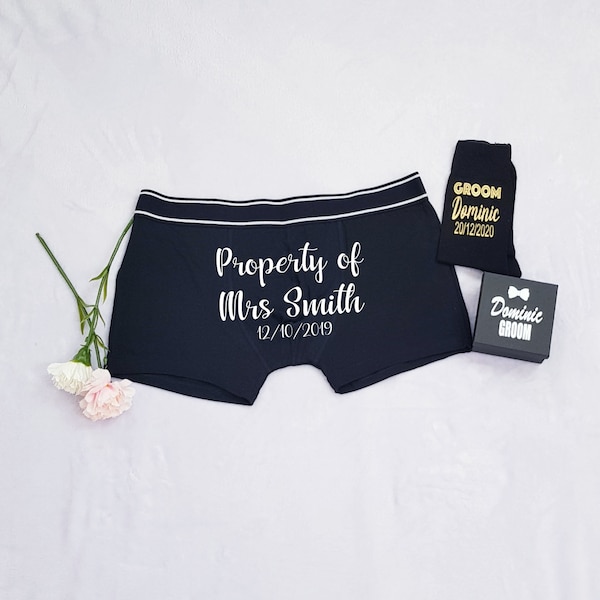 Personalised Groom Boxers, Personalised Wedding Boxers and Socks, Wedding Gift for Groom from Bride, Property of Mrs Boxer Shorts and Sock