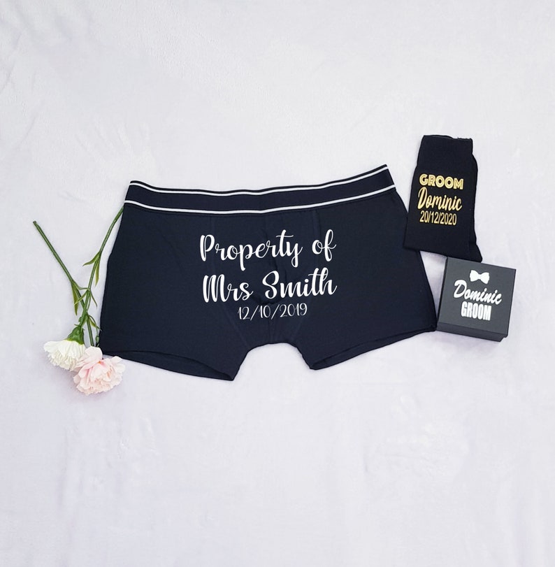 Personalised Groom Boxers, Personalised Wedding Boxers and Socks, Wedding Gift for Groom from Bride, Property of Mrs Boxer Shorts and Sock image 1