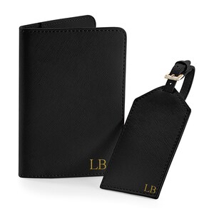 Monogram Passport Cover and Luggage Tag, Personalised Passport Holder and Luggage Tag Set, Gift for Bride and Groom, Honeymoon Gift Black
