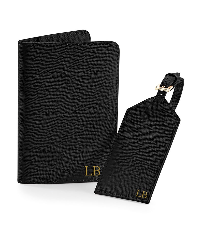 Monogram Passport Cover and Luggage Tag, Personalised Passport Holder and Luggage Tag Set, Gift for Bride and Groom, Honeymoon Gift Black