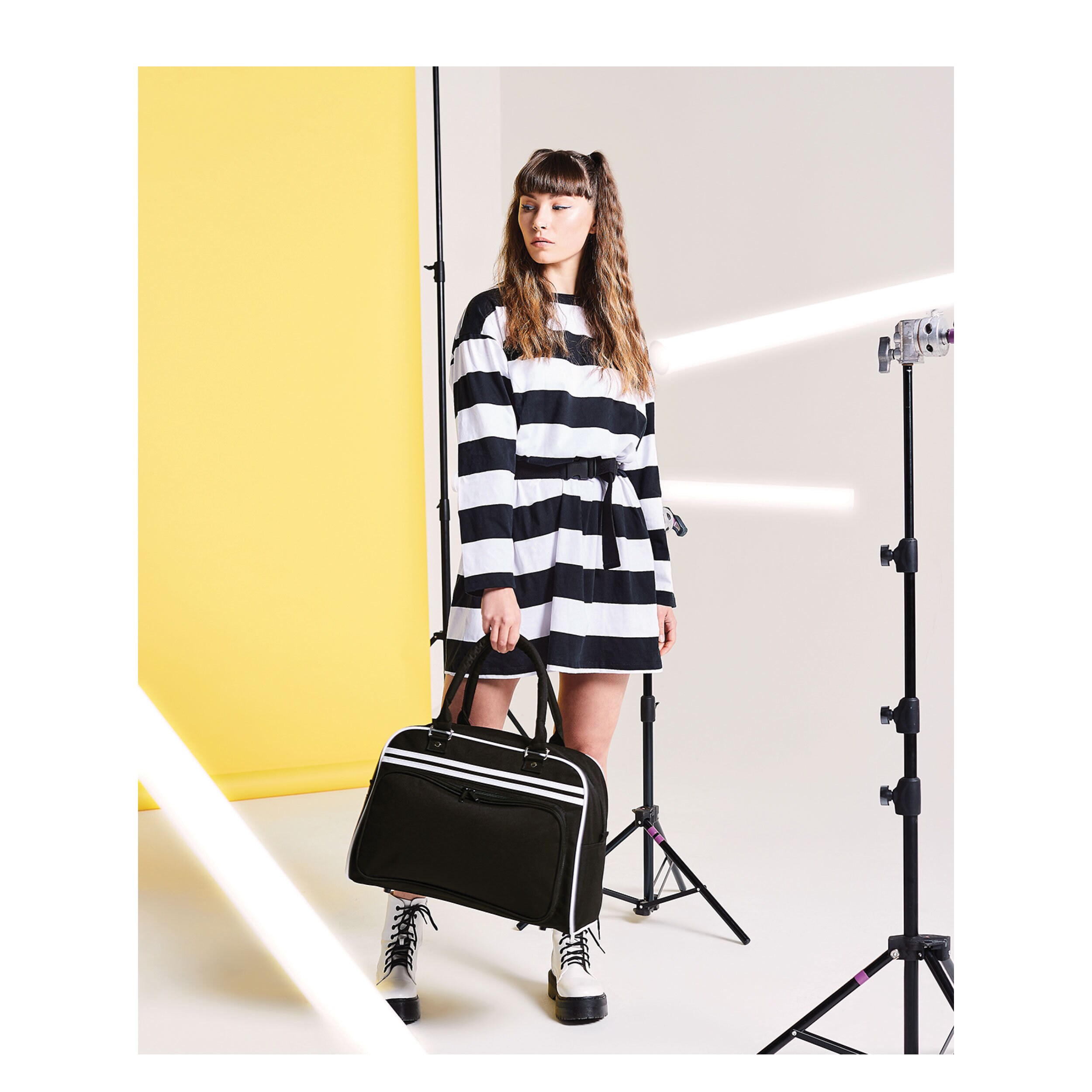 IUGAMAKARAS ■ Striped Typography Bowling Bag IUGAMAKARAS IUGA Bowling Bag Striped Typography Shoulder