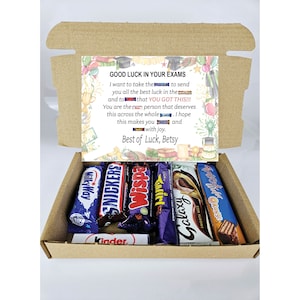 Personalised Exam Good Luck Treat Box/ SATS/ GCSES/ A Levels Good Luck Treat Box Letterbox Gift Hug in a Box Chocolate Poem Unique Exam Gift