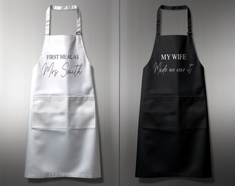 Personalised Wedding Day Apron in Black or White - My first meal as a Mr and Mrs Apron | My wife made me wear it Apron