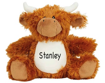 Personalized Highland Cow Plush Teddy, Custom Name Soft Toy, New Baby Gift, Cow Stuffed Animal