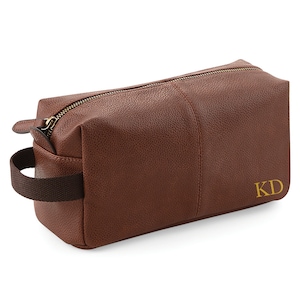 Personalised Mens Leather Wash Bag with Strap Black or Brown - Mens Vegan PU Leather Toiletry Bag Custom personalised with Initials