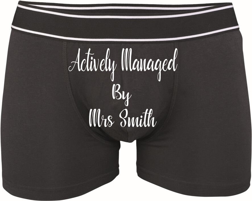 Image of Personalised Groom Boxers, Wedding Boxers With Date, Gift For From Bride, Actively Managed By Mrs
