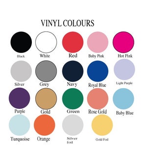 Puede incluir: Una tabla que muestra los colores de vinilo para proyectos de manualidades. Los colores incluyen negro, blanco, rojo, rosa claro, rosa fuerte, plata, gris, azul marino, morado claro, azul real, morado, dorado, verde, oro rosa, azul beb&eacute;, turquesa, naranja, l&aacute;mina plateada y l&aacute;mina dorada.