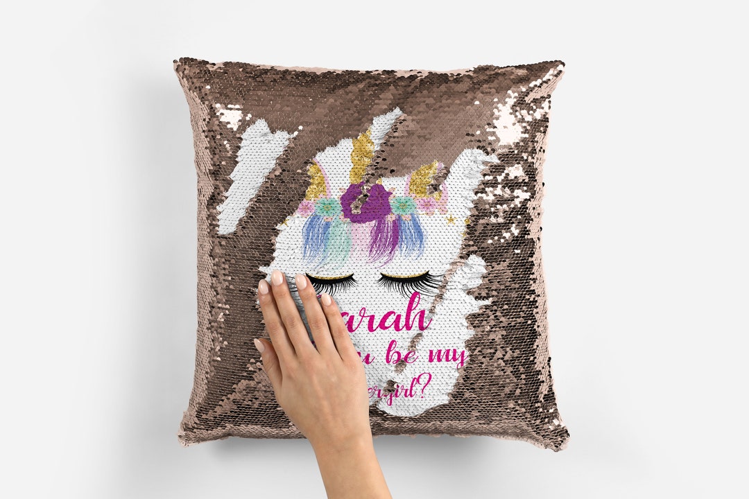 Personalised Unicorn Sequin Pillow Will You Be My Flower Girl Etsy