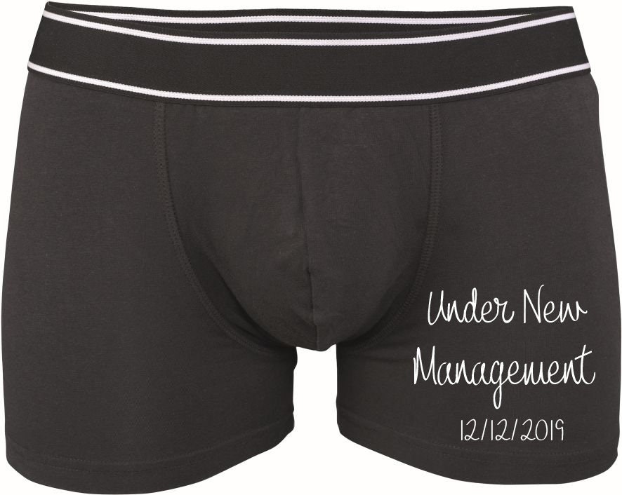 Image of Personalised Groom Wedding Boxers Shorts, With Date, Gift For From Bride, Under New Management