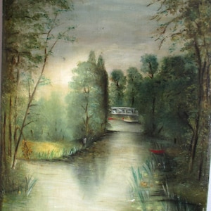 Oil on panel, lake scene, French school, 19th century, signed and dated