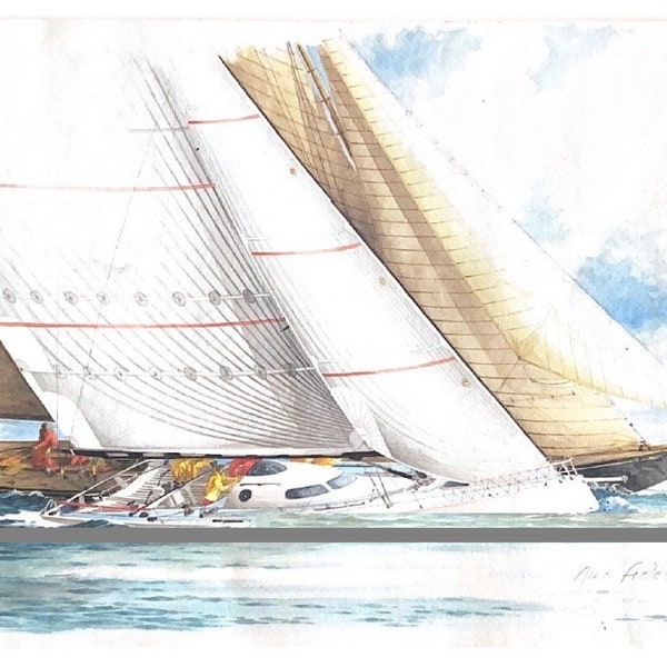 Marc P.G Berthier, Lithographie d’une aquarelle Marine, Regate, XXeme