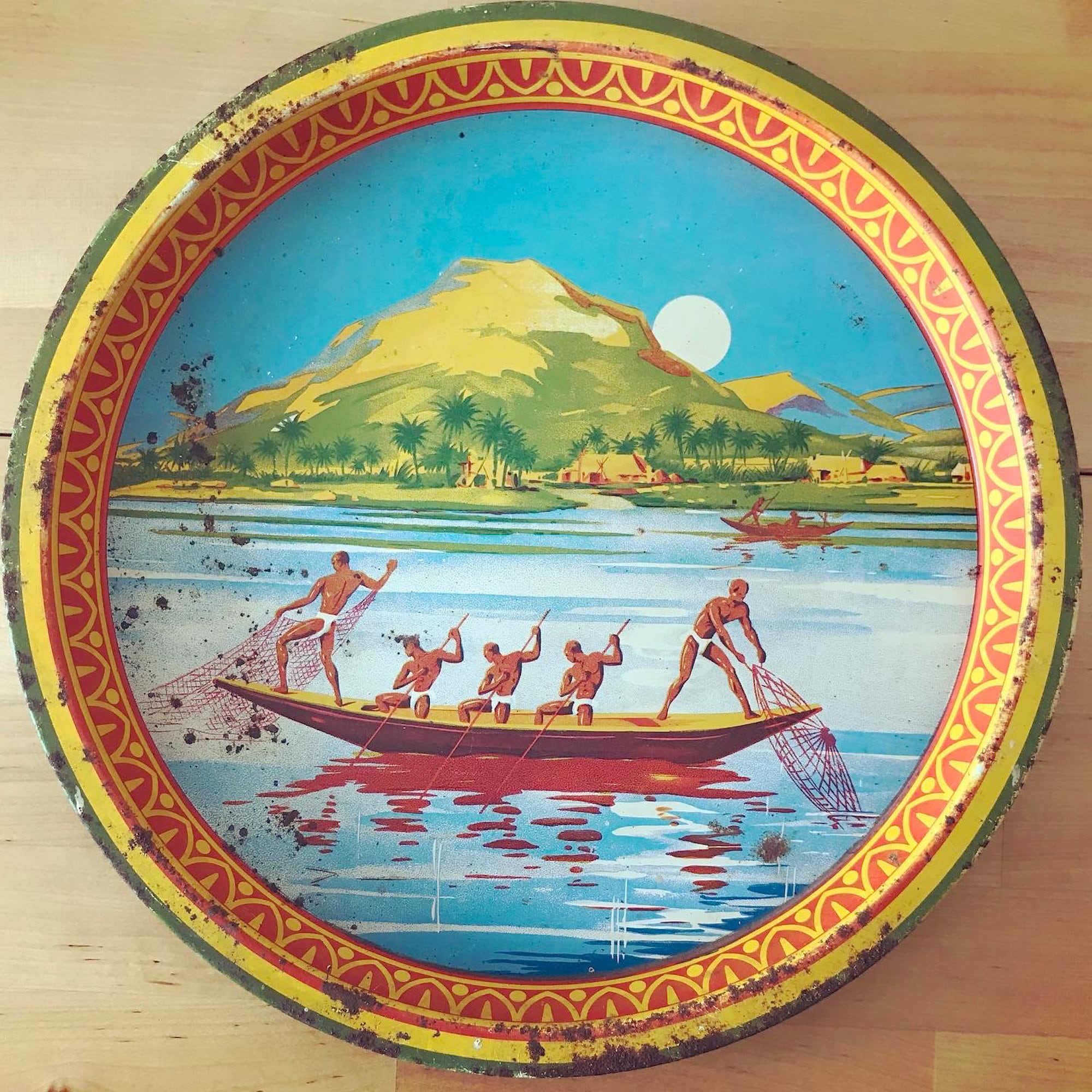 1940-1950, Plateau Polychrome Serigraphié Décor Tropical