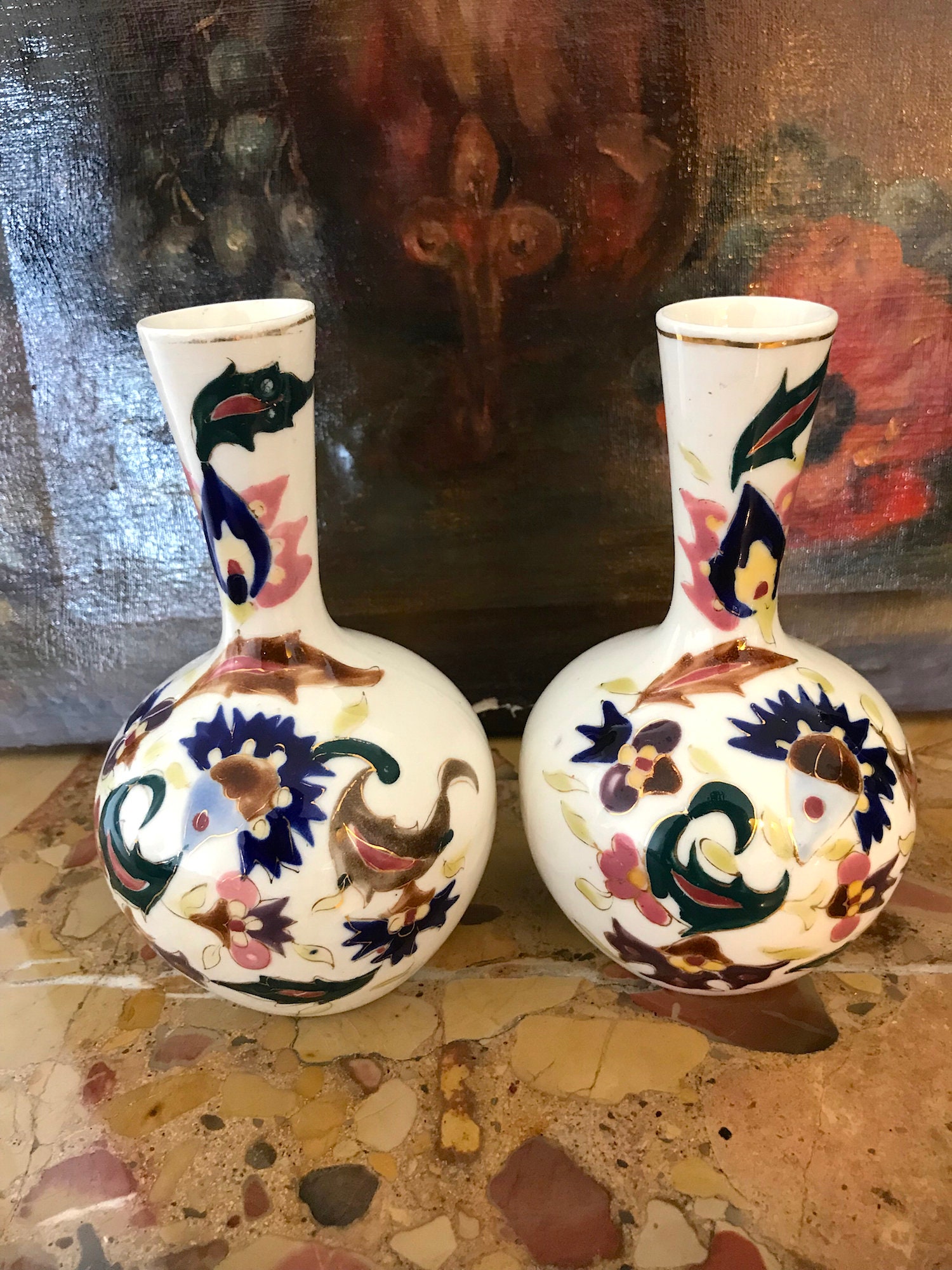 Gien, Paire de Vases, Soliflores Boule, Peints à La Main, Xixeme