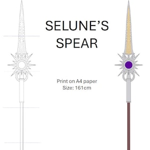 Puede incluir: Una lanza de plata con una gema púrpura en la parte superior y un diseño de estrella. La lanza mide 161 cm de largo y está etiquetada como "Lanza de Selune".