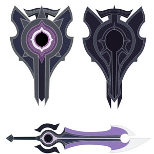 Puede incluir: Un conjunto de tres armas de fantasía, que incluye una espada y dos escudos. La espada tiene una hoja morada y negra con una punta plateada. Los escudos son negros con detalles morados y un diseño de ojo central.
