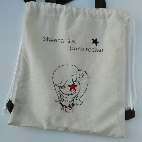 Bolsa tela BORDADA tote mochila bordado chica Ramones