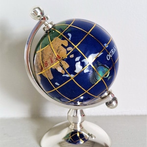 Vintage Mother-of-Pearl, Gemstone, Gold and Silver Plated Pedestal Globe with gold meridians  germany world globe sphere, Een Weinberger