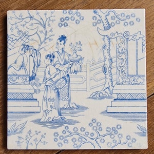 ROYAL SPHINX Maastricht, Charles Eck, Chinesische Damen Garten Geisha Canton Chinoise, Keramik, 1910 Niederländisch Delft Blau Holland 152 x 152 x 9 mm