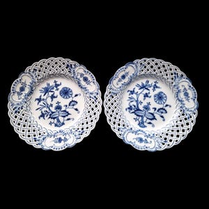 2 meissen Germany cobalt blue plates open work porcelain  midcentury pair