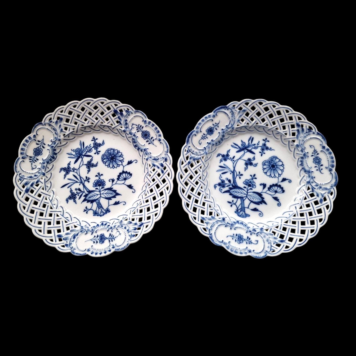 マイセン ドイツ コバルトブルー プレート 2 枚 透かし彫り 磁器
