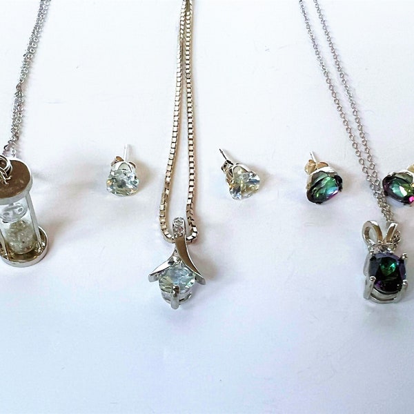 sterling  zilveren sieradensets met topaas , oorbellen kettingmystiek topaas edelstenen en zandloper echt diamant slijpsel 925/1000 sterling