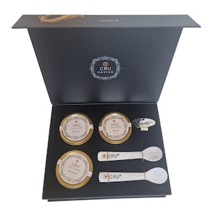 caviar, Luxury CRU Caviar Presentation Box – Display Set with Faux Pearl Spoons &  Tins, imperial belguga sturgeon wine and diner