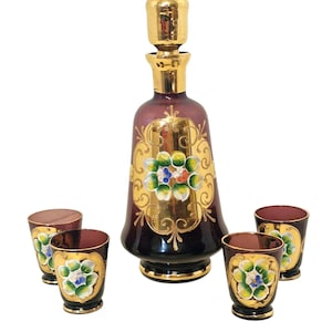 murano Venetian, 24K Gold mouthblown Decanter & 4 Glasses Italy handpaint likeurset liquer glasses and karaf handpainted vinted midcentury