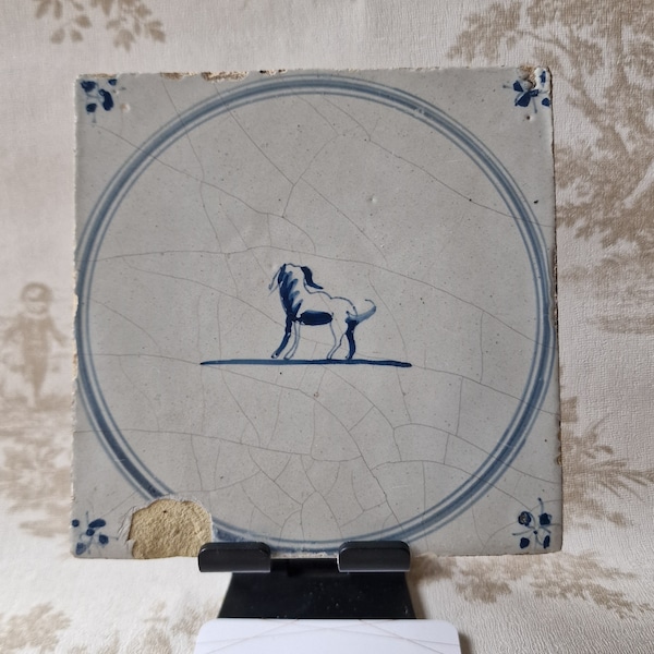 18th antique dutch delft circle tile 18th century dog blue delft tile
