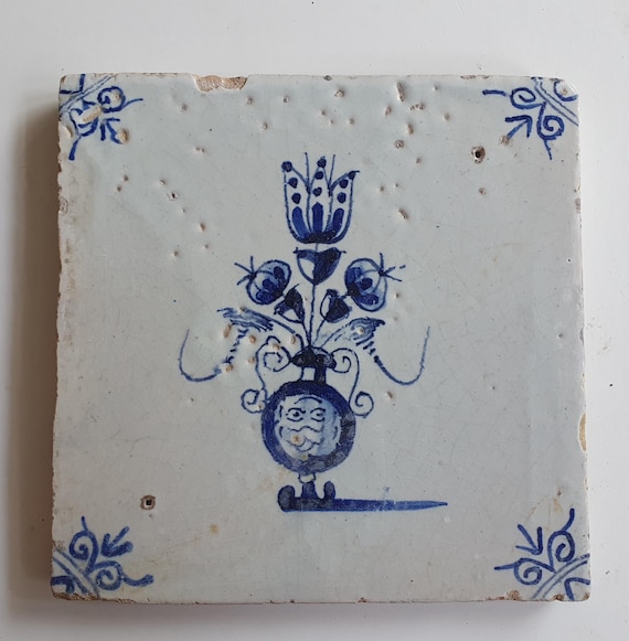 18世紀 オランダ デルフトタイル フラワー D◇ 花 アンティーク民藝