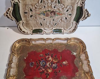 Petit Plateau Vénitien Ancien En Bois - Rouge Et Doré - Vintage 1940