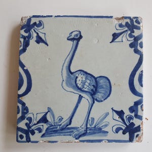 Antique Dutch Tile with a ostrich decorated with baluster sides and french lily corner motifs - Dated 1640, Dutch Delft