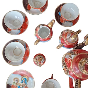 Japanse eggshell porseleinen Tea Set 17-delig 1930&#39;s Geisha Lithophane Bodems dragon Theepot Cups en Creamer antique geisha in landscape