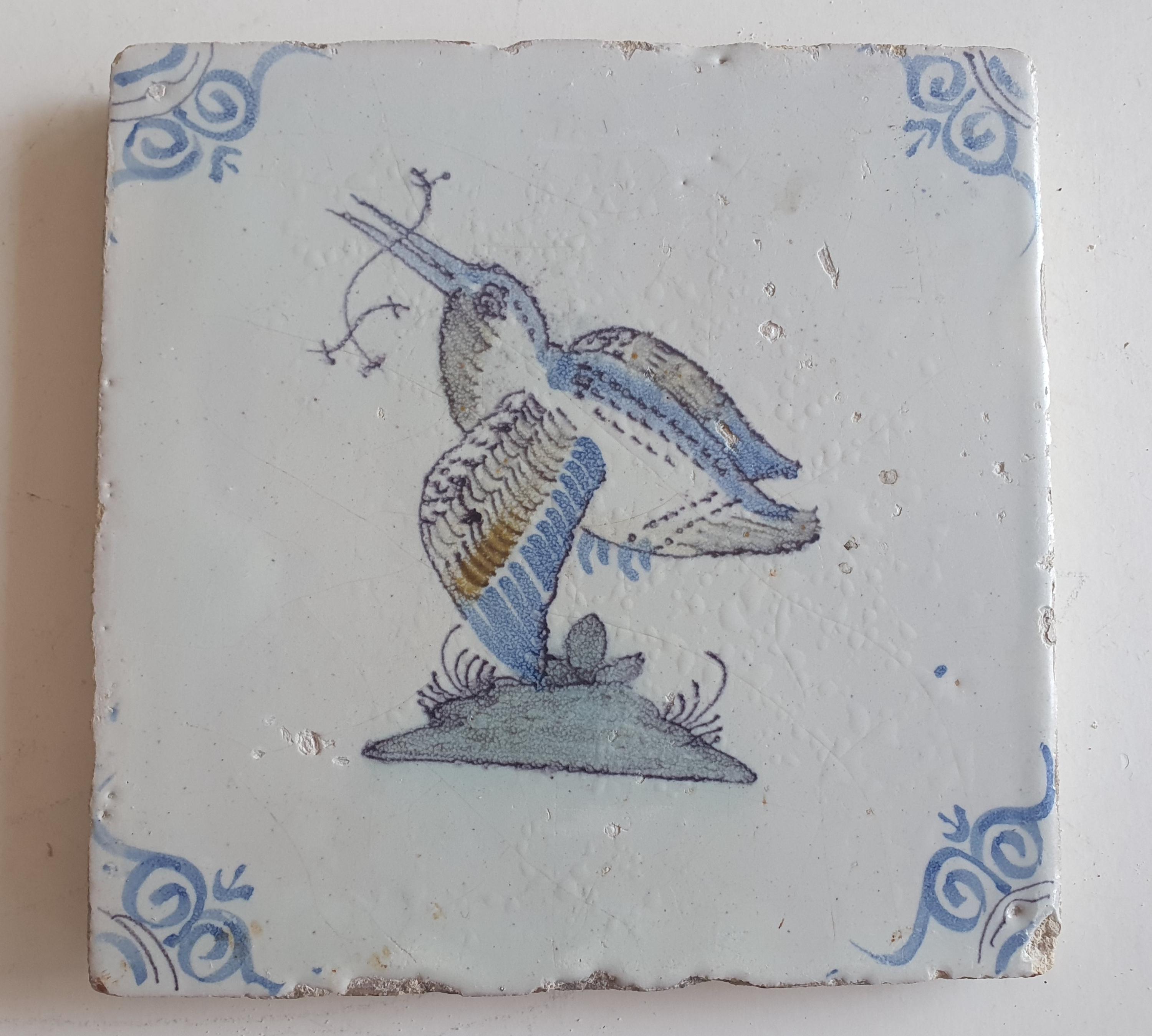 アンティークデルフトタイル、カワセミ、17世紀オランダマジョリカ