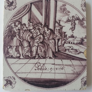 This antique Delft tile depicts the Biblical scene , antique dutch delft mangane tile bible  around 1780