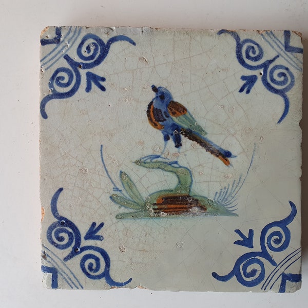 Antique Dutch Tile - polychrome strange bird with large oxhead corner motives - Dated around 1625, delft holland golden century