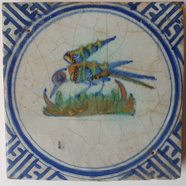 Antique Dutch Tile - polychrome strange bird with wan-li motives - Dated around 1625, delft holland golden century