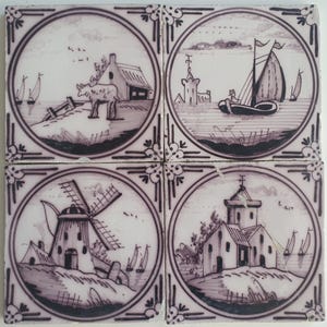 4 x Around 1850 century Antique Dutch Tiles - manganese landscape tegels