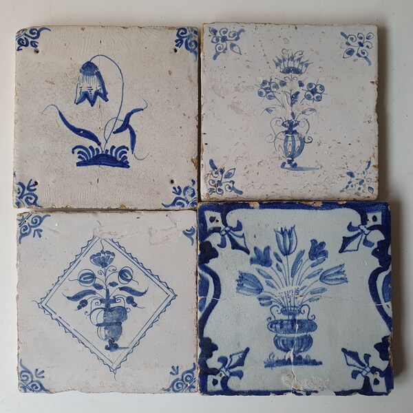 4 x17th dutch delft flower tiles  ossekop hoek tulipmania Nederlands tegel, tiles flower antique square tiles