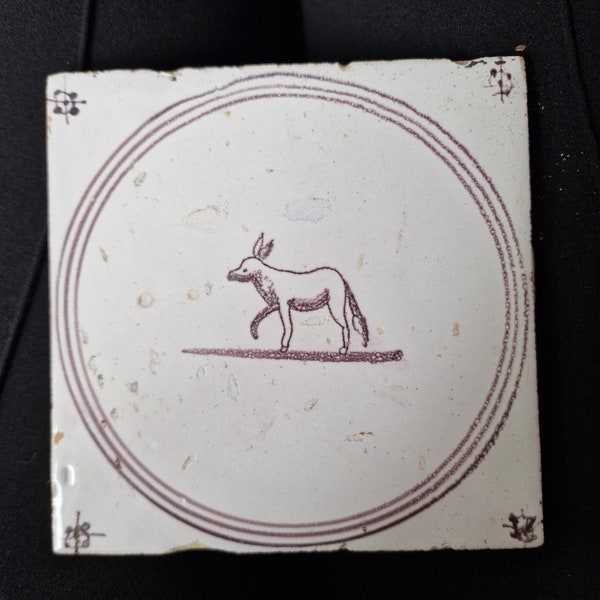 18th antique dutch delft circle tile 18th century MANGANESE DONKEY delft ezel tegel cirkeltegel, RARE depiction